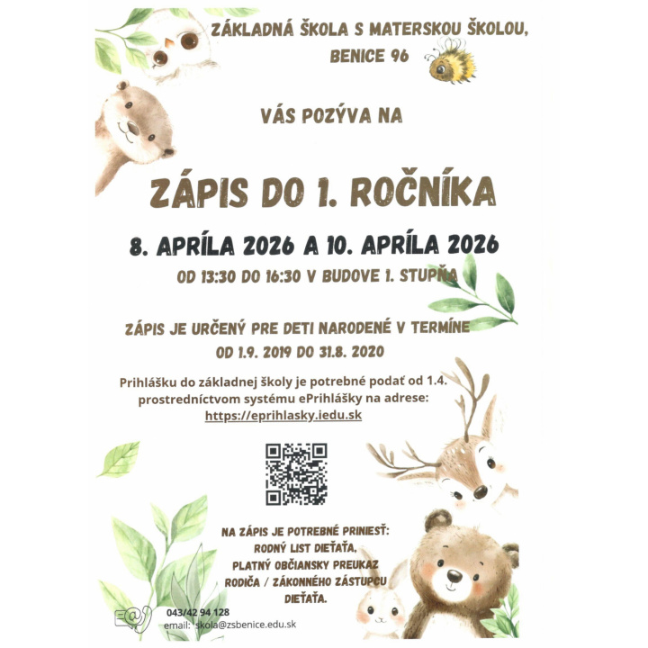 Zápis do 1. ročníka ZŠ Benice